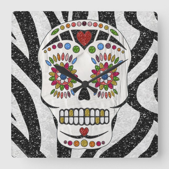 RAB Rockabilly Sugar Skull on Zebra Print Square Wall Clock (Front)