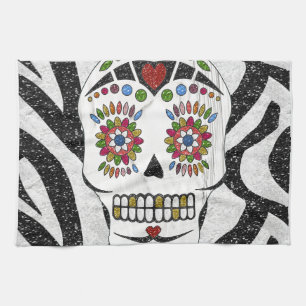 RAB Rockabilly Sugar Skull on Zebra Print Tea Towel