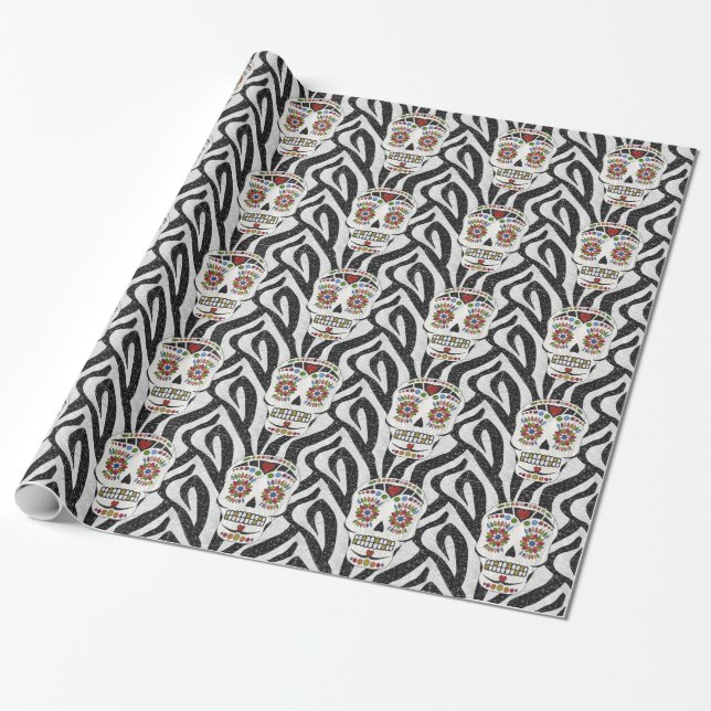 RAB Rockabilly Sugar Skull on Zebra Print Wrapping Paper (Unrolled)