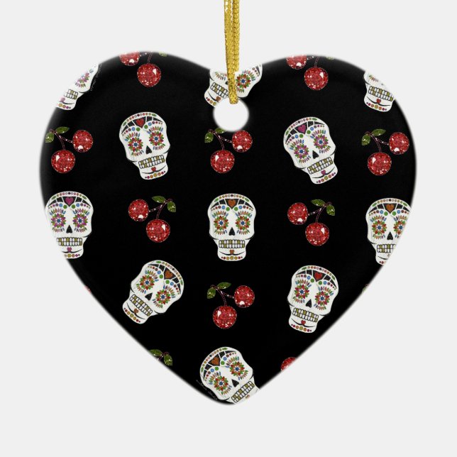 RAB Rockabilly Sugar Skulls Cherries On Black Ceramic Ornament (Front)