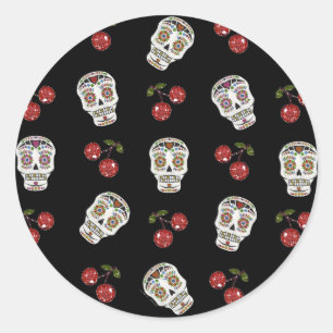 RAB Rockabilly Sugar Skulls Cherries On Black Classic Round Sticker