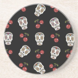 RAB Rockabilly Sugar Skulls Cherries On Black Coaster
