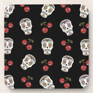 RAB Rockabilly Sugar Skulls Cherries On Black Coaster