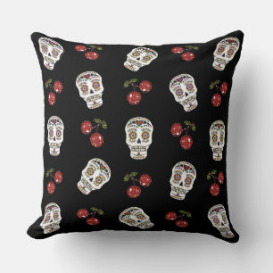 RAB Rockabilly Sugar Skulls Cherries On Black Cushion