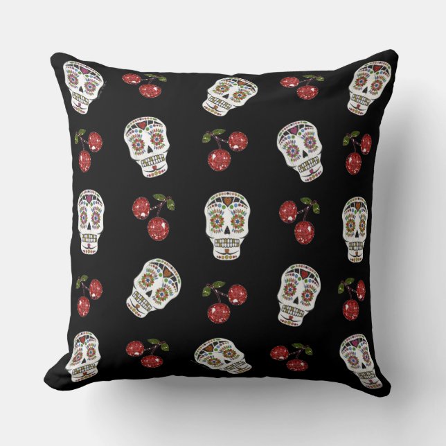 RAB Rockabilly Sugar Skulls Cherries On Black Cushion (Front)