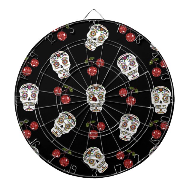 RAB Rockabilly Sugar Skulls Cherries On Black Dartboard (Front)