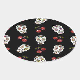 RAB Rockabilly Sugar Skulls Cherries On Black Oval Sticker
