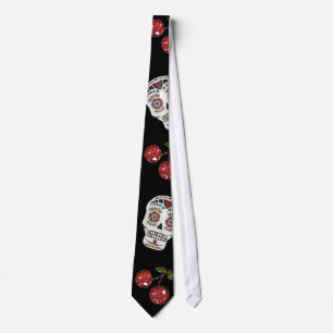 RAB Rockabilly Sugar Skulls Cherries On Black Tie