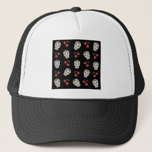 RAB Rockabilly Sugar Skulls Cherries On Black Trucker Hat