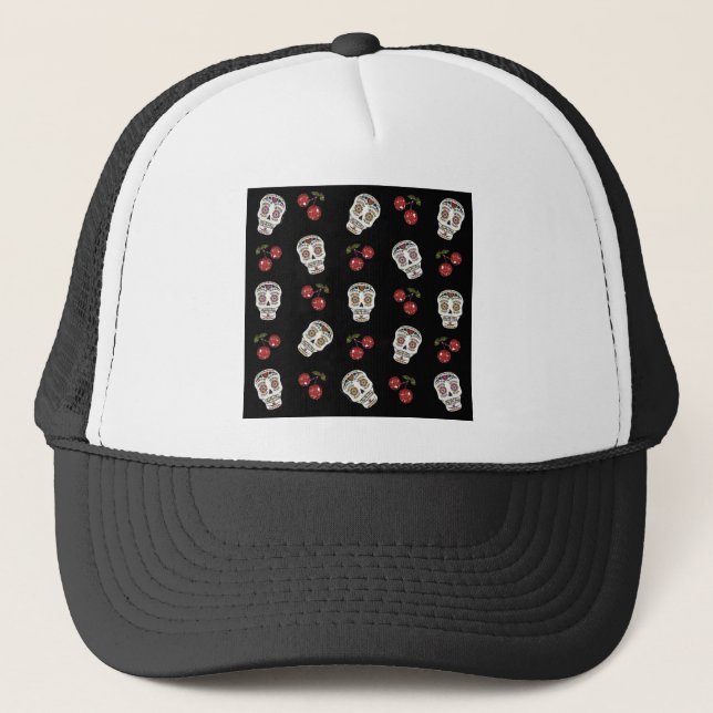 RAB Rockabilly Sugar Skulls Cherries On Black Trucker Hat (Front)