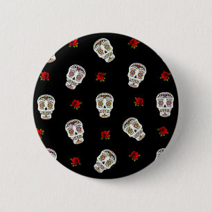 RAB Rockabilly Sugar Skulls Roses On Black 6 Cm Round Badge