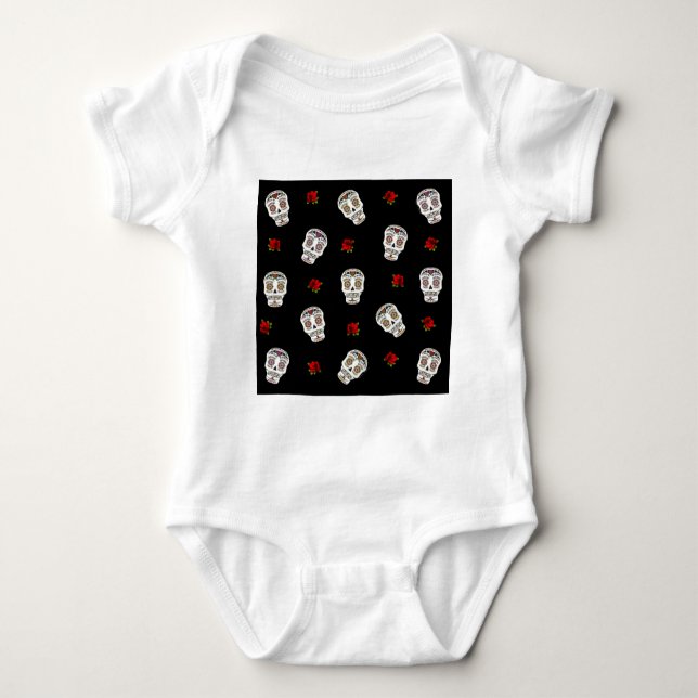 RAB Rockabilly Sugar Skulls Roses On Black Baby Bodysuit (Front)