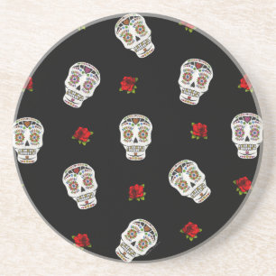 RAB Rockabilly Sugar Skulls Roses On Black Coaster
