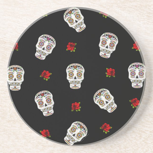 RAB Rockabilly Sugar Skulls Roses On Black Coaster (Front)