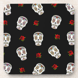 RAB Rockabilly Sugar Skulls Roses On Black Coaster