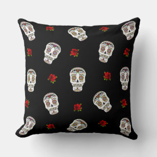 RAB Rockabilly Sugar Skulls Roses On Black Cushion