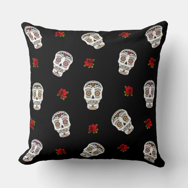 RAB Rockabilly Sugar Skulls Roses On Black Cushion (Front)