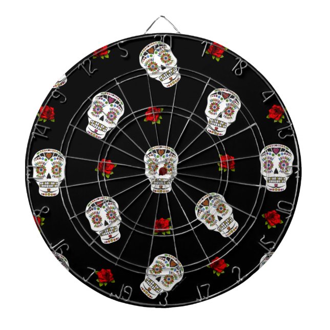 RAB Rockabilly Sugar Skulls Roses On Black Dartboard (Front)