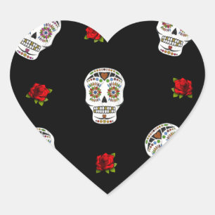 RAB Rockabilly Sugar Skulls Roses On Black Heart Sticker