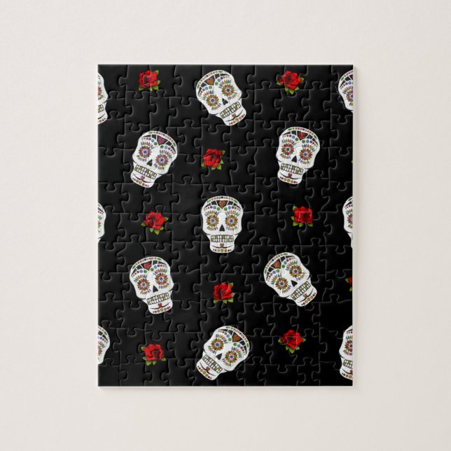 RAB Rockabilly Sugar Skulls Roses On Black Jigsaw Puzzle (Vertical)
