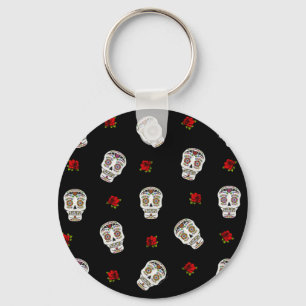 RAB Rockabilly Sugar Skulls Roses On Black Key Ring