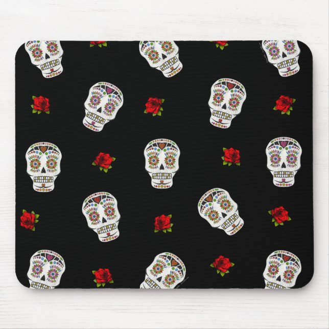 RAB Rockabilly Sugar Skulls Roses On Black Mouse Pad (Front)