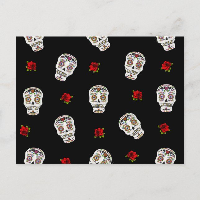 RAB Rockabilly Sugar Skulls Roses On Black Postcard (Front)