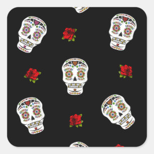 RAB Rockabilly Sugar Skulls Roses On Black Square Sticker