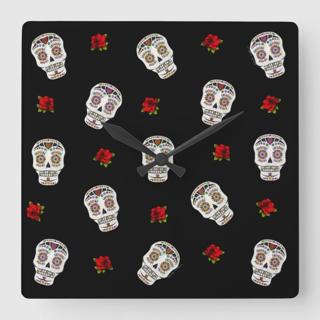 RAB Rockabilly Sugar Skulls Roses On Black Square Wall Clock (Front)