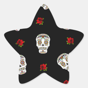RAB Rockabilly Sugar Skulls Roses On Black Star Sticker