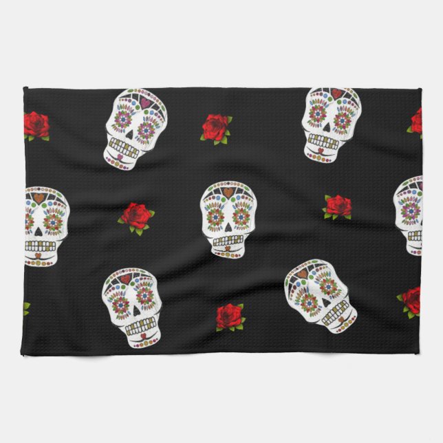 RAB Rockabilly Sugar Skulls Roses On Black Tea Towel (Horizontal)