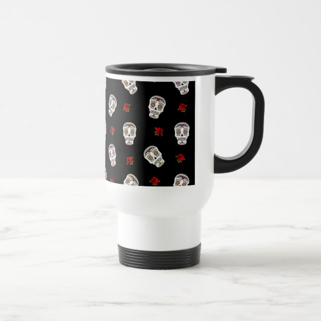 RAB Rockabilly Sugar Skulls Roses On Black Travel Mug (Right)
