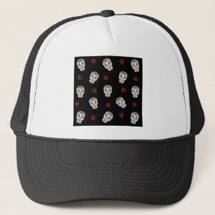 RAB Rockabilly Sugar Skulls Roses On Black Trucker Hat
