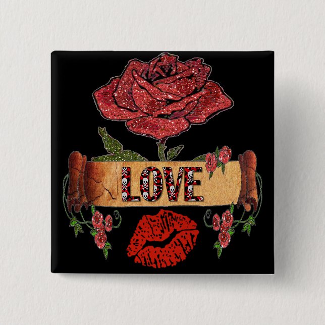 RAB Rockabilly Valentine Roses, Love & Lipstick 15 Cm Square Badge (Front)