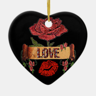 RAB Rockabilly Valentine Roses, Love & Lipstick Ceramic Ornament