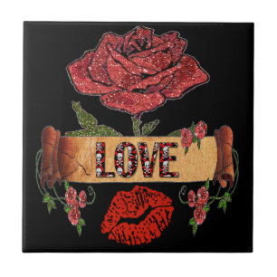RAB Rockabilly Valentine Roses, Love & Lipstick Ceramic Tile