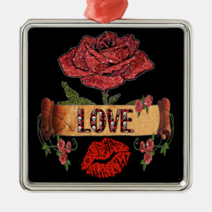 RAB Rockabilly Valentine Roses, Love & Lipstick Metal Ornament