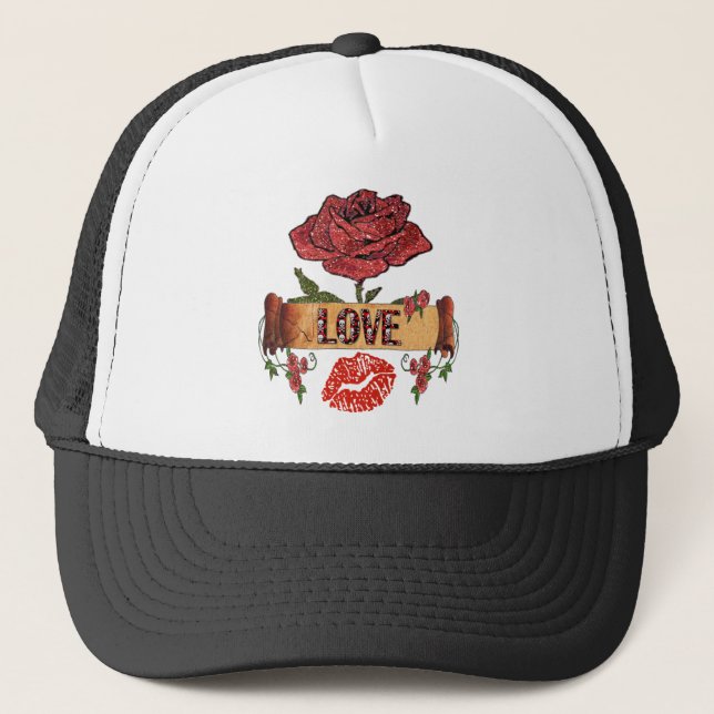 RAB Rockabilly Valentine Roses, Love & Lipstick Trucker Hat (Front)