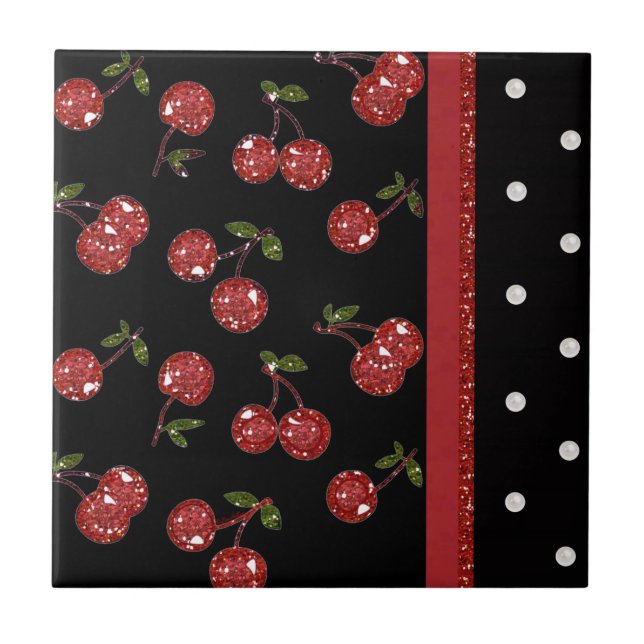 RAB Rockabilly Very Cherry Cherries Black Ceramic Tile (Front)