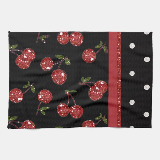 RAB Rockabilly Very Cherry Cherries Black Tea Towel (Horizontal)