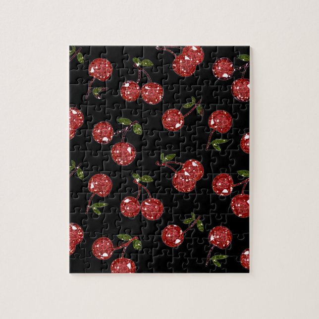 RAB Rockabilly Very Cherry Cherries On Black Jigsaw Puzzle (Vertical)