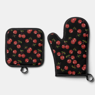 RAB Rockabilly Very Cherry Cherries On Black Oven Mitt & Pot Holder Set