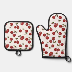 RAB Rockabilly Very Cherry Cherries On White Oven Mitt & Pot Holder Set