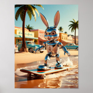 rabbbit roller skating at the beach poster
