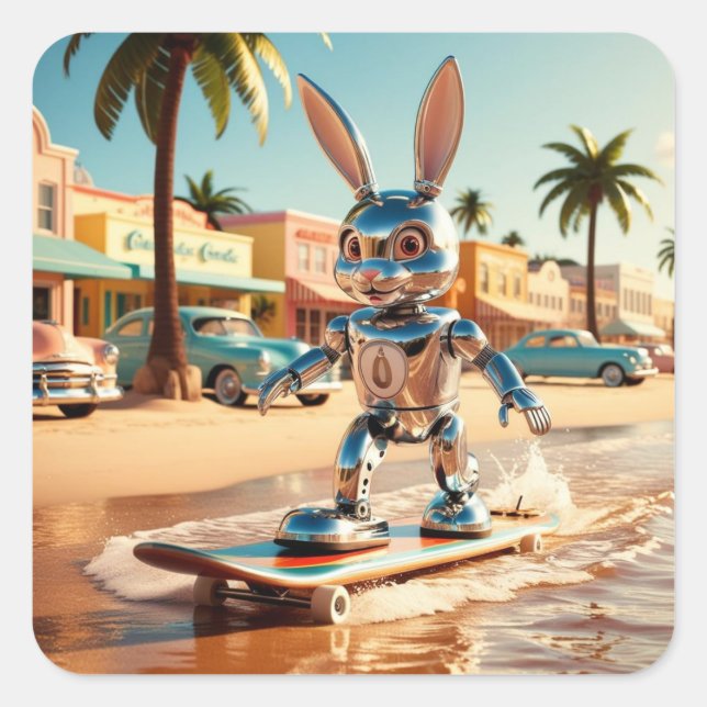 rabbbit roller skating at the beach square sticker (Front)
