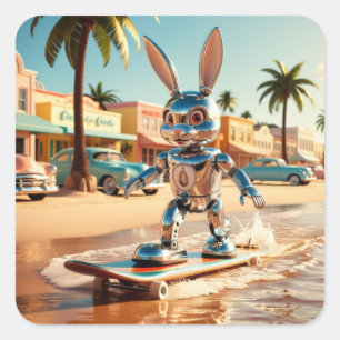 rabbbit roller skating at the beach square sticker