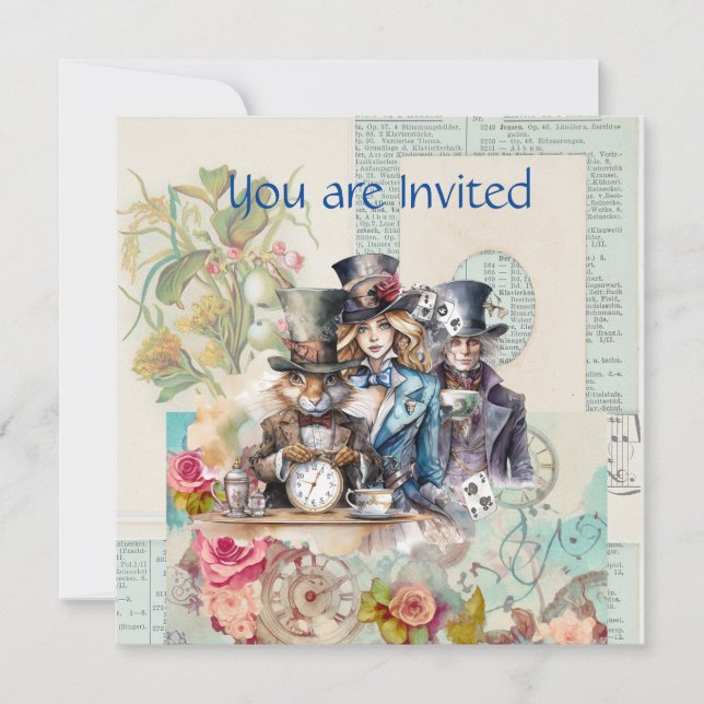  Rabbit, Alice and Mad Hatter in Top Hats Invitation (Front)