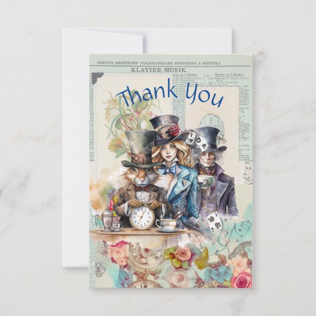 Rabbit, Alice and Mad Hatter in Top Hats Thank You Card (Front)