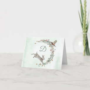Rabbit and Bird Monogram Wreath Card