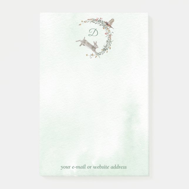 Rabbit and Bird Monogram Wreath Post-it Notes (Front)
